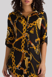 Burgundy Fashion Casual Print With Belt Turndown Collar Shirt Dress