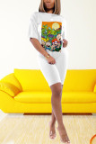 White adult Casual Fashion Ma'am Two Piece Suits Print pencil Short Sleeve Two-Piece Short Set