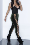Army Green Fashion Sexy Solid Hollowed Out Regular Mid Waist Trousers