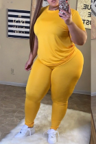 Yellow Casual Solid Split Joint O Neck Plus Size 