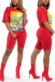 Red adult Casual Fashion Ma'am Two Piece Suits Print pencil Short Sleeve Two-Piece Short Set