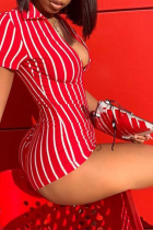 Red Sexy Striped Split Joint V Neck Skinny Jumpsuits