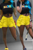 Yellow Denim Button Fly Zipper Fly Mid Solid Straight shorts Shorts