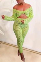 Fluorescent Green Solid Hollowed Out Off the Shoulder Long Sleeve Two Pieces