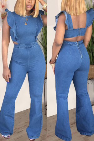 Blue Casual Fashion Solid Asymmetrical stringy selvedge Backless Polyester Sleeveless  Jumpsuits