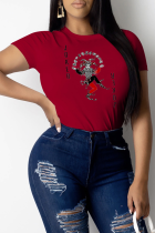 Red Casual Print Split Joint O Neck Tops