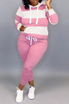Pink Fashion Casual Striped Print Basic Hooded Collar Plus Size Set