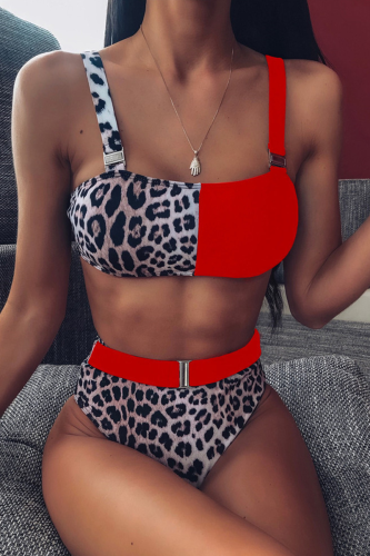 Red Sexy Leopard Patchwork Swimwears
