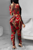 Red Sexy Striped Animal Print Patchwork O Neck Long Sleeve Two Pieces