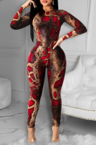 Red Sexy Striped Animal Print Split Joint O Neck Long Sleeve Two Pieces