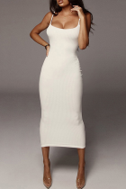 White Sexy Solid Split Joint Spaghetti Strap Pencil Skirt Dresses