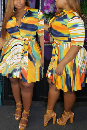 Multi-color Fashion Ma'am OL Patchwork Print Stitching Turndown Collar Plus Size Dresses