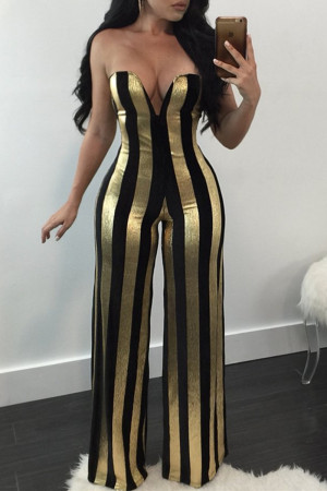 Black Gold Fashion Sexy Striped Backless Strapless Regular Jumpsuits