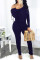 Royal Blue Fashion Casual Solid Strap Design Oblique Collar Regular Jumpsuits