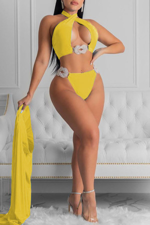 Yellow Fashion Sexy Solid Hollowed Out Swimwears Set