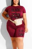 Wine Red Casual Letter Printed T-shirt Shorts Set