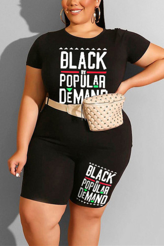 Black Casual Letter Printed T-shirt Shorts Set
