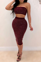 Burgundy Fashion Sexy Solid Hot Drill Strapless Sleeveless Two Pieces