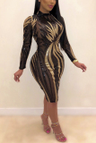 Apricot Sexy Perspective Beads Long Sleeve Dress