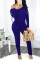 Color Blue Fashion Casual Solid Strap Design Oblique Collar Regular Jumpsuits