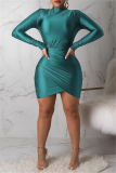 Green Fashion Casual Solid Asymmetrical O Neck Long Sleeve Dresses