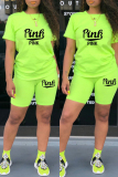 Fluorescent Green Fashion Casual Letter Print Basic O Neck Short Sleeve Two Pieces