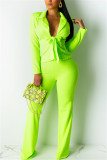 Fluorescent green Work Solid Straight Long Sleeve Two-piece Pants Set