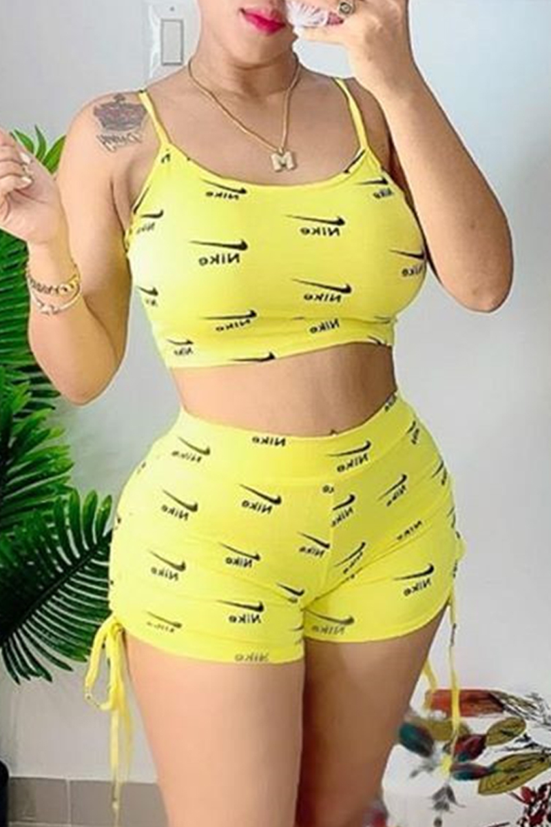 

Yellow Sexy Sportswear Print Basic O Neck Sleeveless Two Pieces