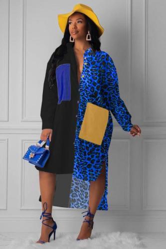 Blue adult Street Fashion Shirt sleeves Long Sleeves Half-Open collar Asymmetrical Mid-Calf Pri