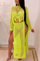 MustardYellow Sexy Perspective Openwork Fringed Skirt Suit