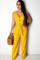 Yellow Sexy Fashion Hollow Solid Patchwork Button Polyester Sleeveless Slip  Jumpsuits