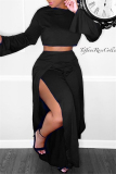 Black Fashion Casual Solid Patchwork Slit Oblique Collar Long Sleeve Two Pieces
