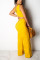 Yellow Sexy Fashion Hollow Solid Patchwork Button Polyester Sleeveless Slip  Jumpsuits