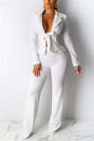 White Work Solid Straight Long Sleeve Two-piece Pants Set