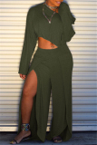 Green Fashion Casual Solid Patchwork Slit Oblique Collar Long Sleeve Two Pieces