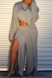 Grey Fashion Casual Solid Patchwork Slit Oblique Collar Long Sleeve Two Pieces