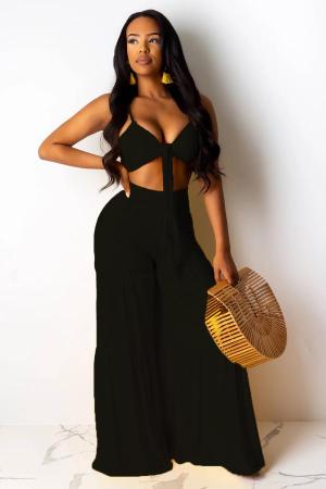 Black Polyester adult Fashion Sexy Solid Two Piece Suits Loose Sleeveless  Two-piece Pants Set