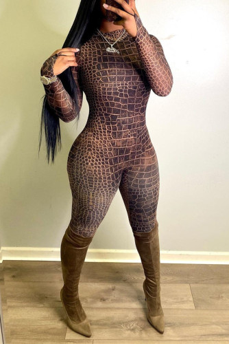 Coffee Fashion Sexy Print See-through Half A Turtleneck Skinny Jumpsuits