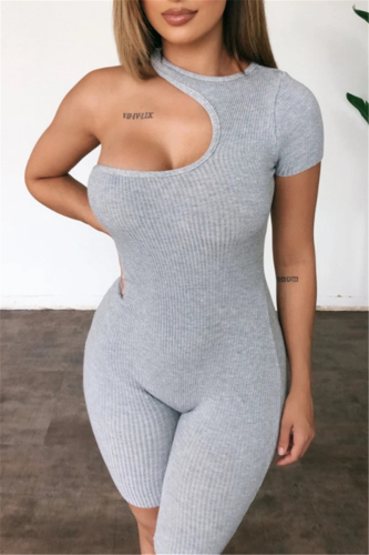 Grey Fashion Sportswear Solid Hollowed Out One Shoulder Skinny Romper