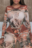 Brown Fashion Sexy Print Patchwork See-through O Neck Long Sleeve Two Pieces