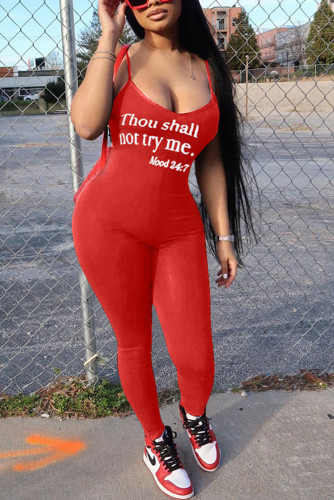 Red Sexy Letter Print Sling Slim Jumpsuit