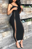 Black Fashion Sexy Solid Hollowed Out Patchwork Strap Design O Neck Sling Dress