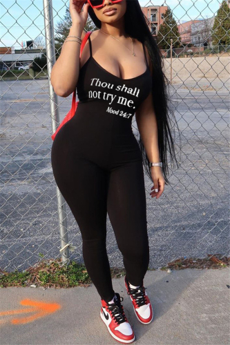 Black Sexy Letter Print Sling Slim Jumpsuit