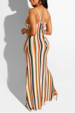 Colour Fashion Sexy Striped Print Backless Spaghetti Strap Sling Dress