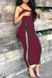 Burgundy Fashion Sexy Solid Hollowed Out Patchwork Strap Design O Neck Sling Dress