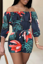 Navy Blue Sexy Casual Print Backless Off the Shoulder Regular Romper