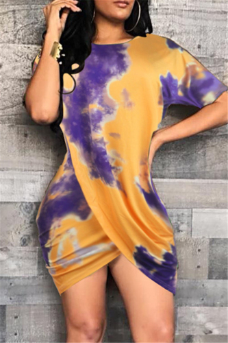 Yellow Fashion Casual Solid Asymmetrical O Neck Short Sleeve Dress