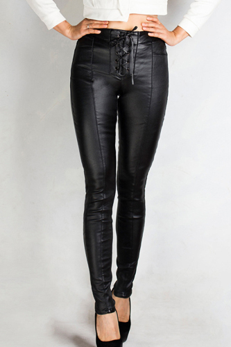 Black Trendy Drawstring Skinny PU Pants