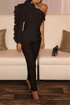 Black Fashion Sexy Cold Shoulder Wooden Ear Trousers Two-Piece