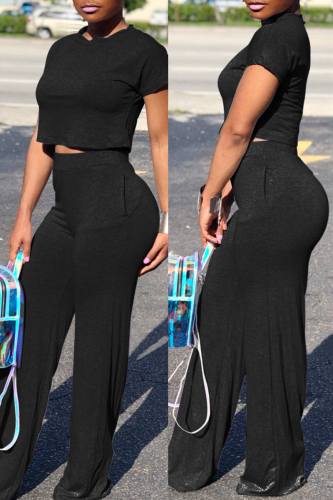 Black Fashion Casual Solid Basic O Neck Short Sleeve Two Pieces